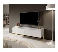 Selsey Meuble TV Armoire De Télévision 2 Portes 150 cm sur Pieds Doré Salle De Séjour Chambre À Coucher Blanc Bemmi