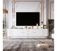 Meuble TV Blanc 170cm et Or avec 2 Tiroirs et 2 Portes, Meuble Télé Commode Basse pour Salon, Table TV Design Moderne aux Lignes Ondulées et Arrondies