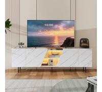Meuble TV Blanc 220 cm Scandinave avec Rangement, Meuble TV LED, 4 Portes, Rangement Ouverts, Table Télé de Salon, Design Moderne, Armoire Basse, Banc TV pour Salon Chambre (Blanc+Effet Marbre)