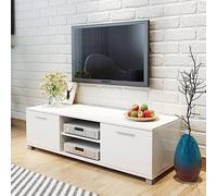 Meuble TV Blanc Brillant 120 cm, Meuble de Salon Moderne avec Portes et Etagères, Support TV Haute Brillance pour Téléviseur, Espace Rangement DVD Console Câbles, Design Élégant pour Salle de Séjour