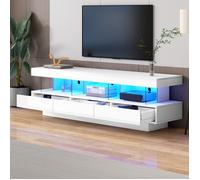Meuble TV blanc brillant 160*38*50.5 cm avec 3 compartiments en verre meuble tv blanc avec éclairage LED meuble salon moderne