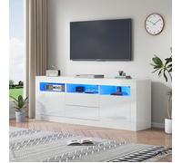 Meuble TV Blanc Brillant 160cm - Leds Synchronisées Musique + App Control - Gestion Câbles Intégrée - Tiroirs Poussoir Sans Poignée