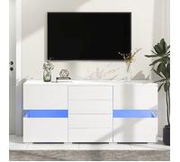 Meuble TV Blanc Brillant avec LED,Casier,Placard de Buffet Salon, Armoires de rengement Moderne, 145CM