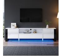 Meuble TV blanc brillant moderne avec éclairage LED, 178 cm, 2 portes et tiroir, support TV jusqu'à 70 pouces