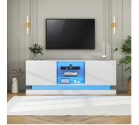 Meuble TV blanc givré - 1,6 mètre de long, étagères en verre réglables, espace de 70 pouces espace de rangement élégant