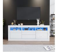 Meuble TV Blanc Haut Brillant avec Eclairage LED, 2 Portes 2 Tiroirs, Compartiments, Armoire TV, 160cm