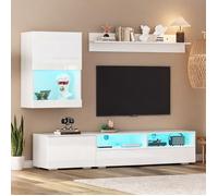 Meuble TV blanc laqué 175x39x34 cm avec vitrine LED et étagère murale style contemporain