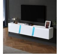 Meuble TV Blanc Laqué 180 cm avec LED, Meuble TV Suspendu 3 Portes, Meuble TV Scandinave Pas Cher avec Rangement, Jusqu'à 75 Pouces
