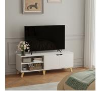 Meuble TV - Blanc Neige - 140 cm - 2 Portes - Étagères Réglables - Pour TV 60 Pouces