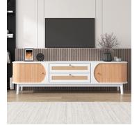 Meuble TV blanc style campagne effet bois naturel portes et tiroirs côtés en rotin rangement optimisé