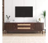 Meuble TV Bois Massif avec 2 Portes et 2 tiroirs - 170 L x 39,5 B x46 H(cm) - Meuble TV avec côtés en rotin, Meuble de Rangement