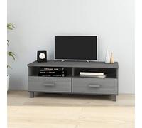 Meuble TV Bois Massif de Pin 106 cm, Meuble Télévision Moderne Gris Foncé avec 2 Tiroirs et 2 Casiers, Rangement Multimédia pour Salon et Salle à Manger, Assemblage Facile HAMAR