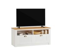 IDIMEX Meuble TV Bolton 2 tiroirs et 2 niches de Rangement, Meuble télé Design Campagne en pin Massif Blanc et Brun, dim 110x50x40 cm