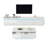 Meuble TV brillant 4 tiroirs et ensemble de table basse moderne, avec éclairage LED, Conception arquée et sécurisée,180 x 34 x 40