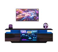 Meuble TV brillant avec barre lumineuse LED 160x40x45cm, centre de divertissement TV moderne avec 8 étagères+2 armoires,, MDF,noir