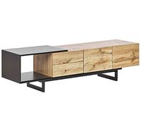 Meuble TV Buffet Design Effet Bois Clair et Noir avec 2 Tiroirs et Compartiments à Portes Spacieux Meuble Tendance pour Intérieur
