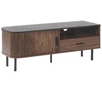 Meuble TV Buffet Effet Bois Foncé avec Tiroir et Rideau Coulissant sur le Côté Style Rétro et Vintage Idéal pour Salon Contemporain Beliani