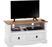 IDIMEX Meuble TV Campo Banc télévision en pin Massif Blanc et Brun avec 2 tiroirs et 1 Niche, Meuble de Rangement Style Mexicain en Bois dim 99 x 54 x 44 cm