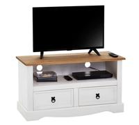 IDIMEX Meuble TV Campo Banc télévision en pin Massif Blanc et Brun avec 2 tiroirs et 1 Niche, Meuble de Rangement Style Mexicain en Bois dim 99 x 54 x 44 cm