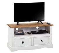 Meuble TV Campo Banc télévision en pin Massif Blanc et Brun avec 2 tiroirs et 1 Niche, Meuble de Rangement Style Mexicain en Bois dim 99 x 54 x 44 cm