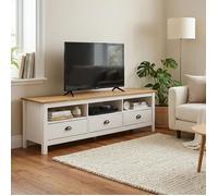 Meuble TV CAMPO L 159 cm avec 3 Tiroirs et 3 Niches en Bois Massif Couleur Blanc et Brun, Pour Téléviseurs jusqu'à 70""