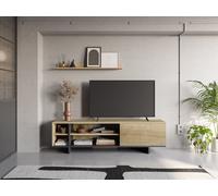 Meuble TV CEQUOIA - Chêne & Noir - 1 porte, 4 niches - 160 x 35,6 x 44 cm