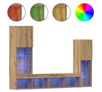 Meuble TV chêne artisanal - WIENS - 4 pièces - Bois d'ingénierie - 190,5x30x132 cm - Marron - 14 étagères - Bandes LED