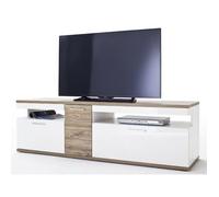 Meuble TV coloris blanc brillant et chêne sterling - Longueur 180 x Hauteur 55 x Profondeur 50 cm