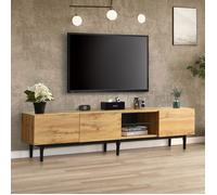 Meuble TV, conception de grains en bois moderne avec armoires de rangement, lumières LED dimmables, bois et noir, 175 cm de long