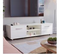 Meuble TV Cosmo 2 portes blanc, finition brillante - 140 cm, buffet de rangement pour salon