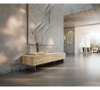 Meuble-TV Cuor 150 cm Céramique Laminam® Sabbia Teinte chêne 1 Clapet 1 Tiroir Pied optique flottant Ancier inoxydable