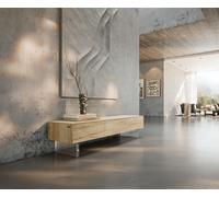 Meuble-TV Cuor 150 cm Céramique Laminam® Sabbia Teinte chêne 1 Clapet 1 Tiroir Pied optique flottant Verre acrylique