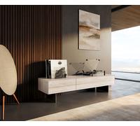 Meuble-TV Cuor 150 cm Céramique Laminam® Travertino Bianco Crème-blanc 1 Clapet 1 Tiroir Pied optique flottant Métal Noir