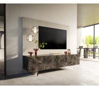 Meuble-TV Cuor 180 cm Céramique Emperador Extra Lucidato brun foncé 1 Clapet 2 Tiroirs Pied optique flottant Verre acrylique