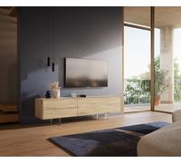 Meuble-TV Cuor 180 cm Céramique Laminam® Sabbia Teinte chêne 1 Clapet 2 Tiroirs Pied optique flottant Verre acrylique