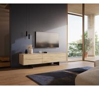 Meuble-TV Cuor 180 cm Céramique Laminam® Sabbia Teinte chêne 1 Clapet 2 Tiroirs Pied optique flottant Métal Noir