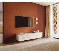 Meuble-TV Cuor 180 cm Céramique Laminam® Travertino Bianco Crème-blanc 1 Clapet 2 Tiroirs Pied optique flottant Verre acrylique