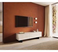 Meuble-TV Cuor 180 cm Céramique Laminam® Travertino Bianco Crème-blanc 1 Clapet 2 Tiroirs Pied optique flottant Métal Noir