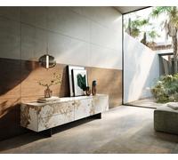 Meuble-TV Cuor 180 cm Céramique Minas Melange Blanc-beige 1 Clapet 2 Tiroirs Pied optique flottant Métal Noir