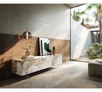 Meuble-TV Cuor 180 cm Céramique Minas Melange Blanc-beige 1 Clapet 2 Tiroirs Pied optique flottant Verre acrylique