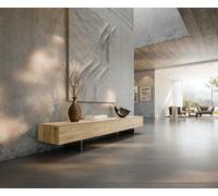 Meuble-TV Cuor 200 cm Céramique Laminam® Sabbia Teinte chêne 1 Clapet 1 Tiroir Pied optique flottant Ancier inoxydable