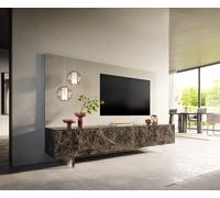 Meuble-TV Cuor 220 cm Céramique Emperador Extra Lucidato brun foncé 1 Clapet 2 Tiroirs Pied optique flottant Verre acrylique