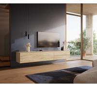 Meuble-TV Cuor 220 cm Céramique Laminam® Sabbia Teinte chêne 1 Clapet 2 Tiroirs Flottant