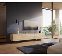 Meuble-TV Cuor 220 cm Céramique Laminam® Sabbia Teinte chêne 1 Clapet 2 Tiroirs Pied optique flottant Ancier inoxydable