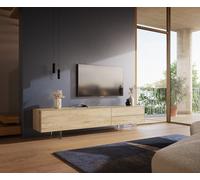 Meuble-TV Cuor 220 cm Céramique Laminam® Sabbia Teinte chêne 1 Clapet 2 Tiroirs Pied optique flottant Verre acrylique