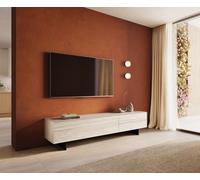 Meuble-TV Cuor 220 cm Céramique Laminam® Travertino Bianco Crème-blanc 1 Clapet 2 Tiroirs Pied optique flottant Métal Noir