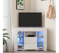 Meuble TV d'angle Blanc, Buffet Moderne, Table TV Brillance avec Lumières LED, Etagères en Verre, 100x40x68cm