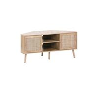 | Meuble TV d'angle en décor bois et cannage 2 portes 1 étagère 115cm