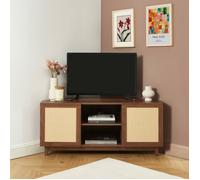 Meuble TV d'angle HARIA effet noyer et rotin 120cm - Bois