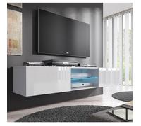 Meuble TV de salon avec LED | Blanc brillant | 2 Portes 1 vitrine | 160 x 30 x 38,5cm | Modèle Tibi Blanc#Blanc